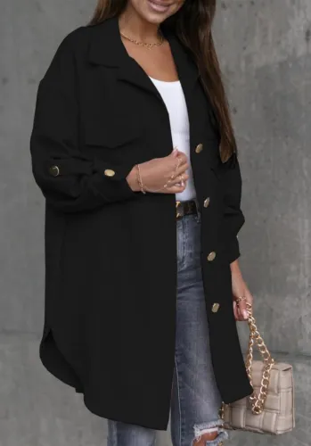 Black Pocket Button Open Turndown Collar Long Coat