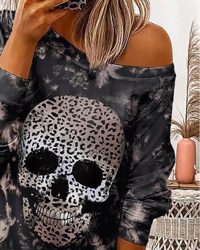 Halloween Skull Print Black Long Sleeve Mini Dress