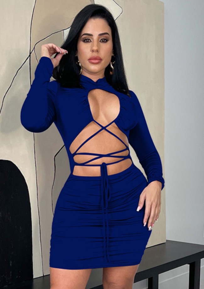 Blue Long Sleeve Lace Up Cut Out Ruched Mini Fitted Dress