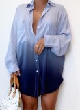 Gradient Blue Long Sleeve Turndown Collar Loose Blouse