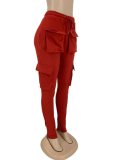 Red Drawstring Cargo Pants with Pocket