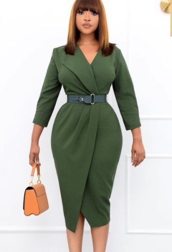 Green V-Neck Wrap Midi Office Dress with Matching Belt