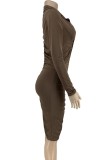 Brown Long Sleeve V-neck Button Up Scrunch Tight Midi Dress