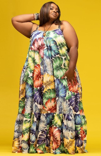 Plus Size Colorful Leaf Print Cami Long Maxi Dress