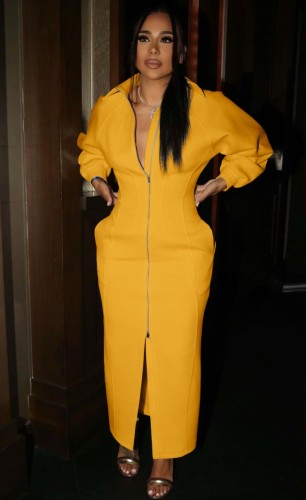 Yellow Zip Up Front Slit Long Sleeves Maxi Dress Coat