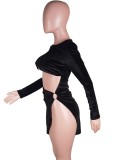 Black Velvet O-Ring Long Sleeve Cut Out High Split Mini Dress