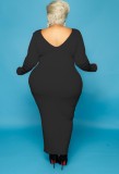 Plus Size Black Ribbed V-Neck Long Sleeve Maxi Dress