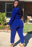 Blue Long Sleeves O-Neck Crop Top and and Pants Two Piece Set