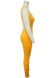 Yellow Velvet Sleeveless Tank Jumpsuit and Long Cardigan 2PCS Set