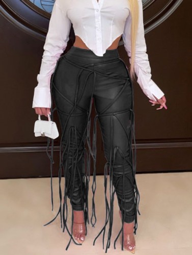Black Leather Fringe High Waist Trendy Sheath Trousers