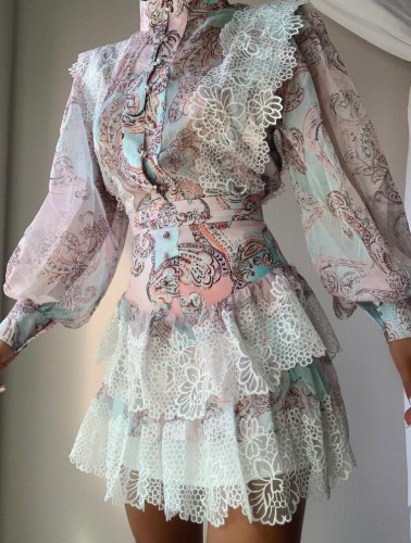 Retro Floral Print Button Up Lace Patch High Neck Layered Dress
