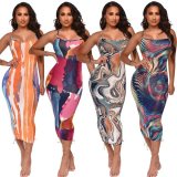 Multi Color Print Backless Cami Long Slinky Dress