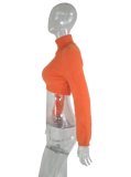 Orange Plush High Neck Long Sleeve Pullover Crop Top