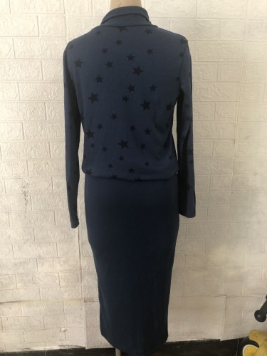 Star Print Blue Heaps Collar Loose Shirt and Long Skirt 2PCS Set