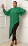 Plus Size Green Loose Irregular Dress and Black Pant 2PCS Set