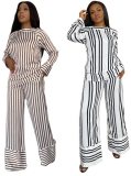 Black and White Stripes Blouse and Wide Pants 2PCS Set