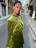 Green Velvet Stand Collar Puff Sleeve Mini Skater Dress