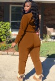 Brown Long Sleeves O-Neck Crop Top and and Pants Two Piece Set