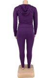 Plus Size Purple Zip Drawstring Hoody Top and Pants 2PCS Set