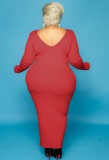 Plus Size Red Ribbed V-Neck Long Sleeve Maxi Dress