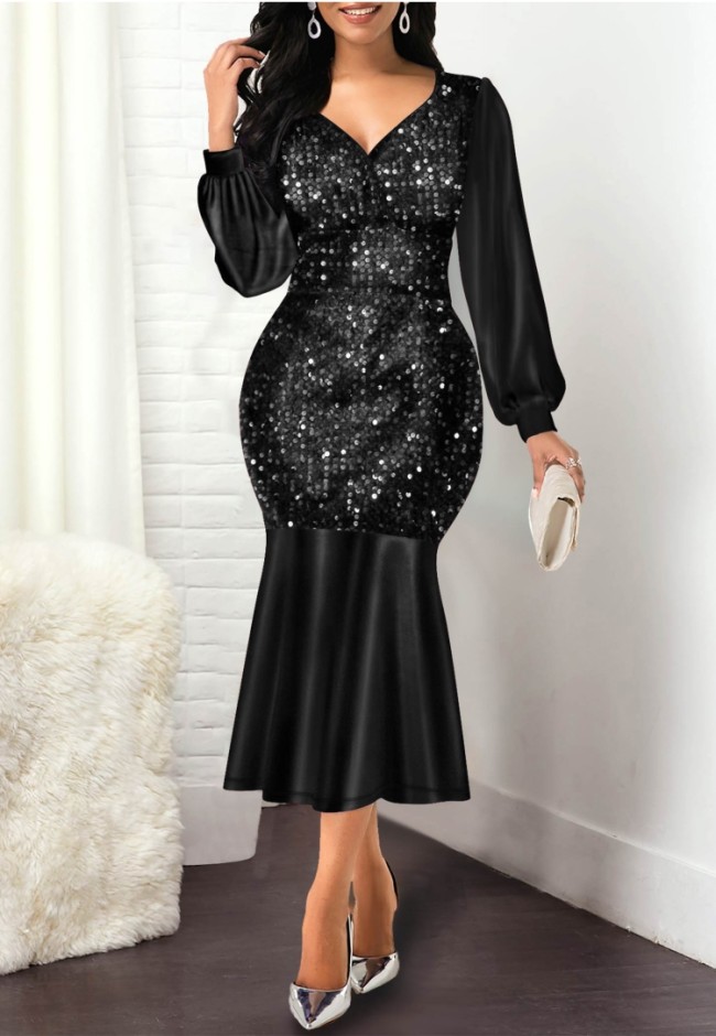 Black Sequins Silk V-Neck Long Sleeve Midi Mermaid Dress