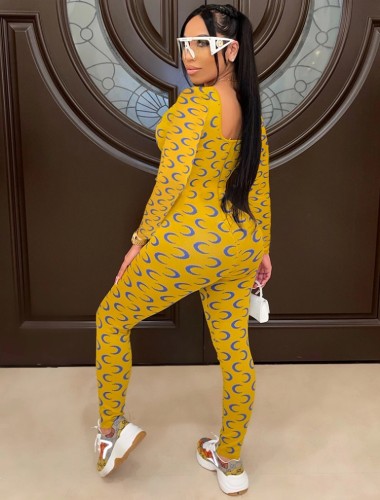 Yellow Crescent Print Square Neck Long Sleeve Jumpsuit