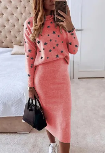 Star Print Pink Heaps Collar Loose Shirt and Long Skirt 2PCS Set