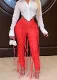 Red Leather Fringe High Waist Trendy Sheath Trousers