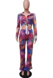 Print Knotted Long Sleeves Blouse and High Waist Pants 2PCS Set