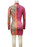 Colorful Snake Print Lace Up Hole Long Sleeve Bodycon Dress