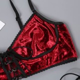 Red Velvet Lace Up Bra and Micro Thong Lingerie 2PCS Set