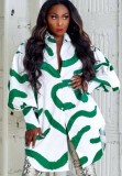 Green Stripes Print White Puff Sleeve Button Up Loose Blouse Dress