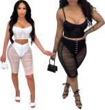 White Mesh Cami Bustier Crop Top and Shorts 2PCS Set