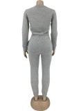 Grey Long Sleeves O-Neck Crop Top and and Pants Two Piece Set