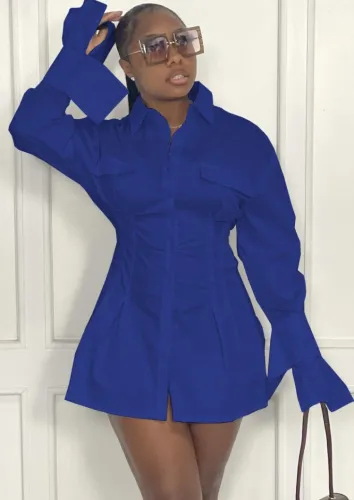 Blue Flare Sleeve Button Up Nipped Waists Shirt