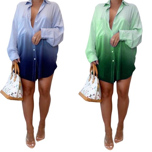 Gradient Green Long Sleeve Turndown Collar Loose Blouse