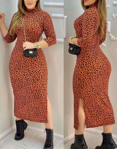 Leopard Print High Neck Long Sleeve Side Slit Long Dress