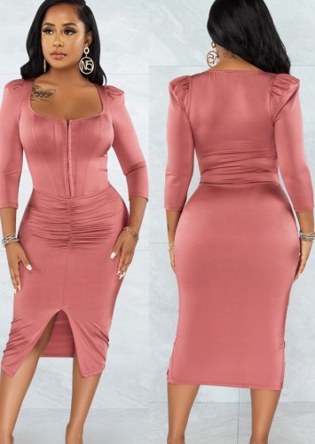 Pink Square Neck Long Sleeve Front Slit Midi Dress