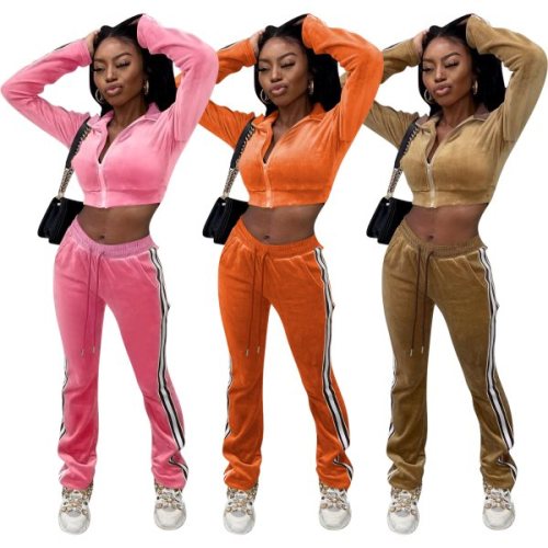 Orange Velvet Zip Crop Top and Drawstring Pants Two Piece Set