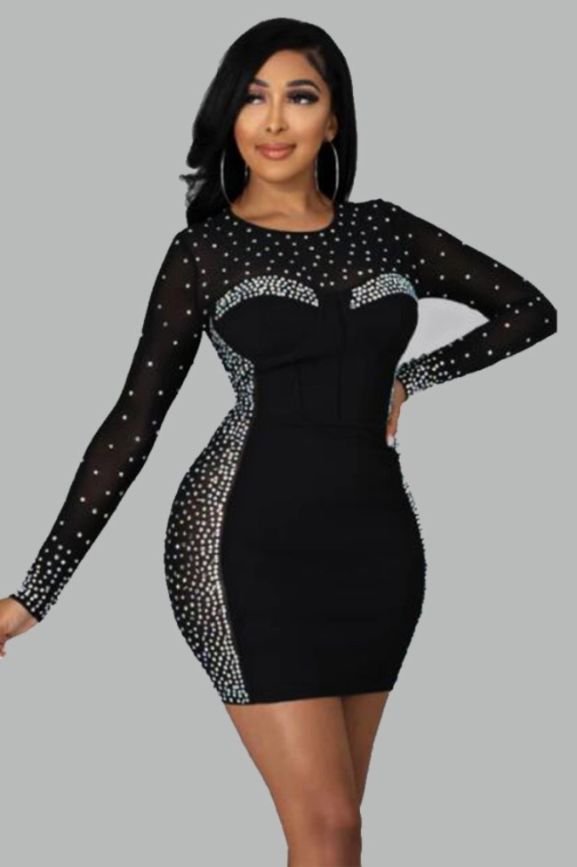 Black Beaded Patchwork Long Sleeve O-Neck Mini Skinny Dress