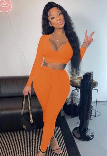 Orange Irregual Neck Crop Top and High Waist Pant 2PCS Set