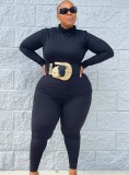 Plus Size Black Turtleneck Fitted Top and Pant 2PCS Set