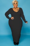 Plus Size Black Ribbed V-Neck Long Sleeve Maxi Dress