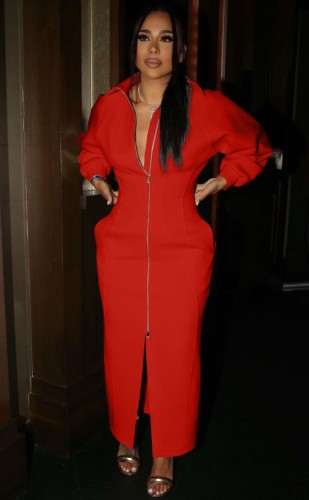 Red Zip Up Front Slit Long Sleeves Maxi Dress Coat