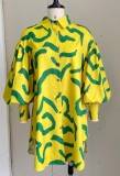 Green Stripes Print Yellow Puff Sleeve Button Up Loose Blouse Dress