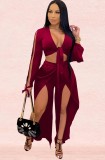 Burgundy Cut Out Knotted V-Neck Crop Top and Pant 2PCS Set