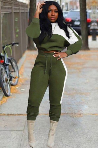 Green and White Contrast Crop Top and Drawstring Pants 2 Piece Set