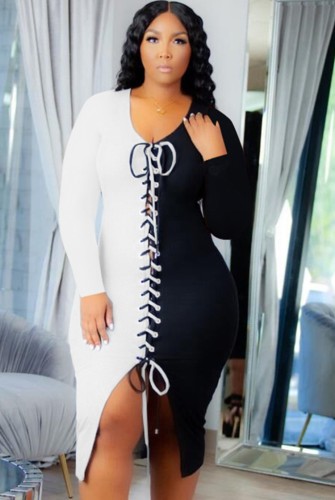 White and Black Contrast Lace Up Long Sleeve Midi Dress