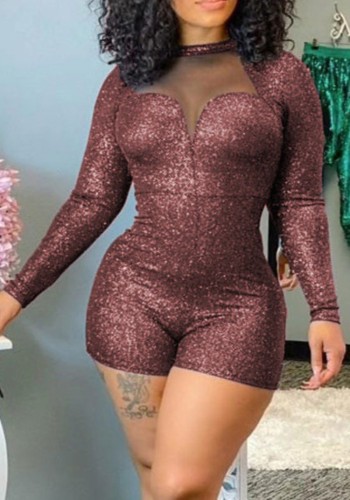Sparkly Brown See Through Midi Neck Long Sleeve Romper