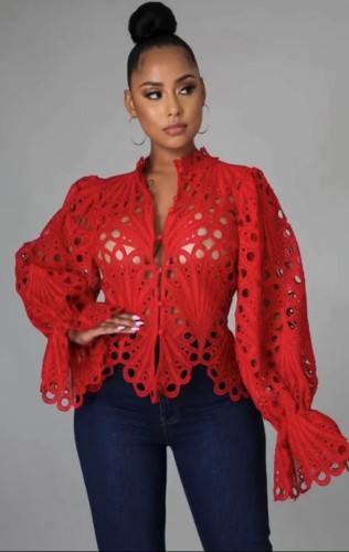 Red Hollow Out Flare Sleeve Irregular Shirt